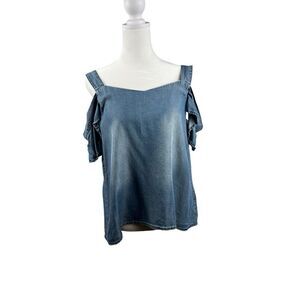 Blue Rain Chambray Cold Shoulder Denim Top Medium
